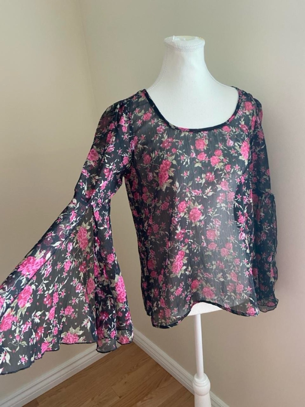 Love Squared Black Sheer Floral Bell-Sleeve Blouse